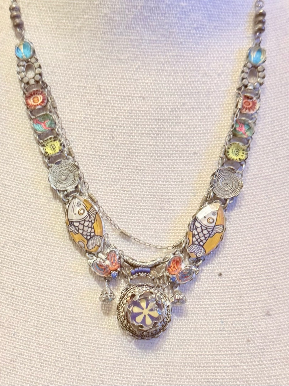 Vintage. This Unique Handcrafted Silver-Tone Multicolor Koi Fish Pendant.